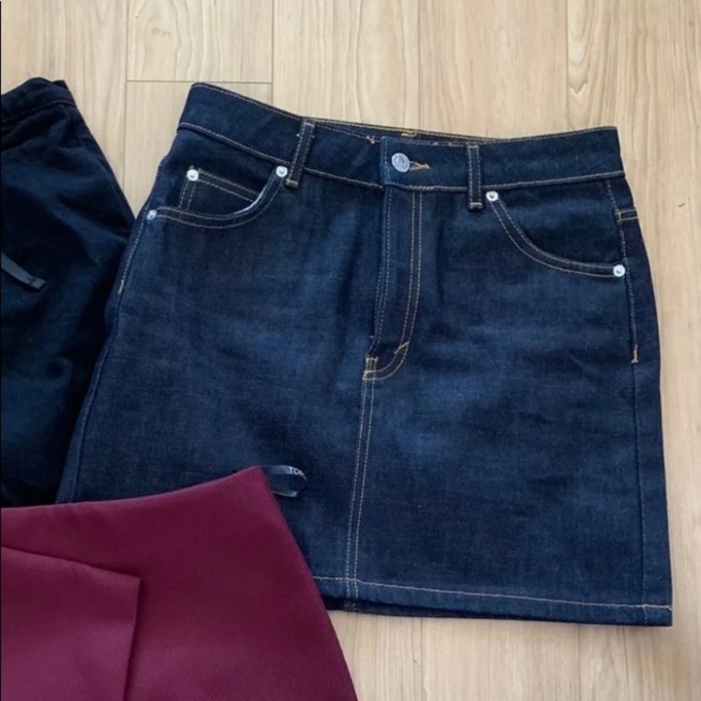 Topshop navy denim skirt with yellow stitching